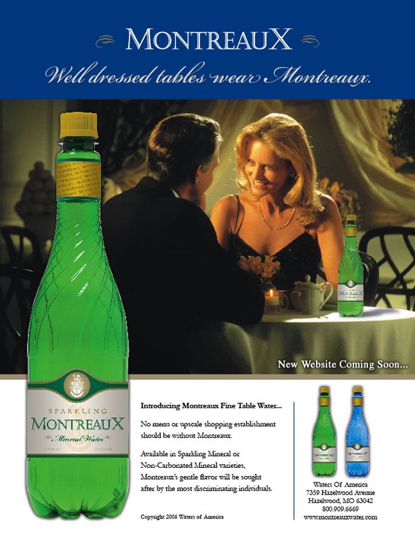 Two people sitting at a dinner table enjoying Motreaux water while having an elating conversation.  Below is a description on the water product.